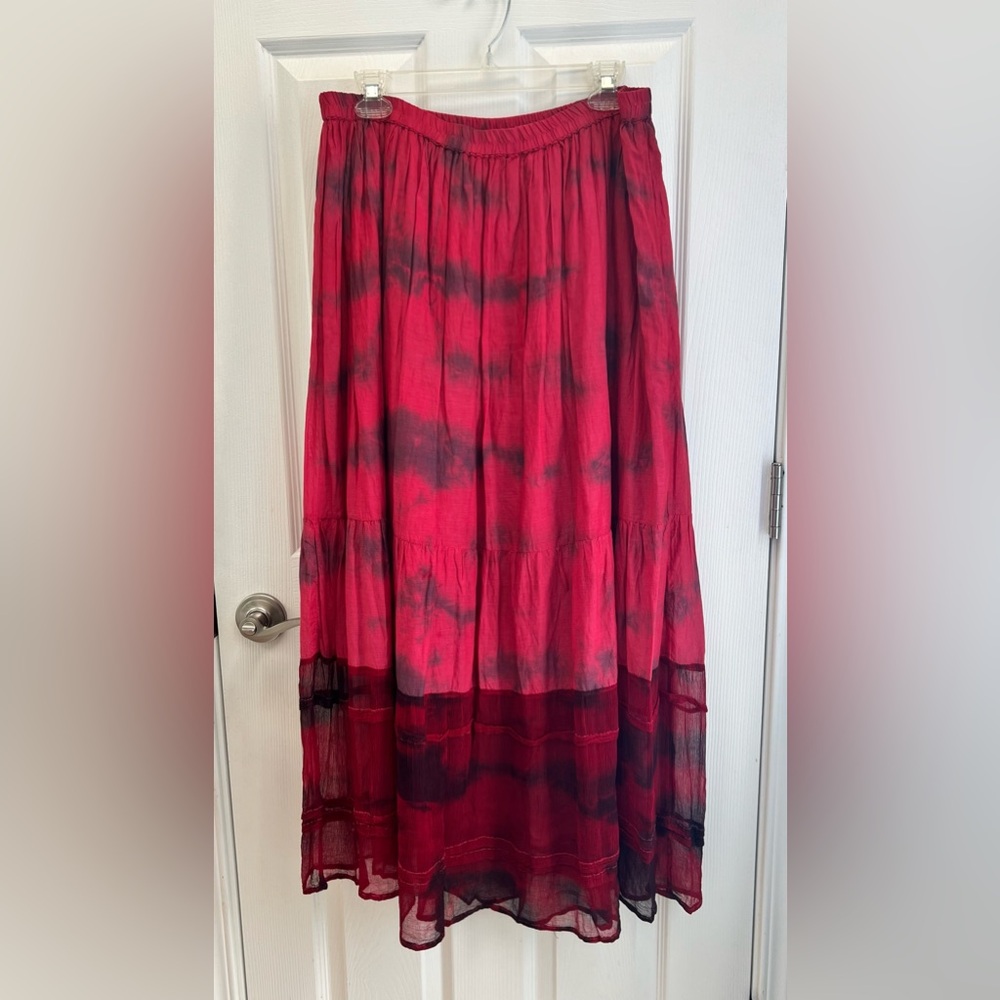 A People United Long Red Tie-Dye Skirt Cotton with Silk Trim Size Large